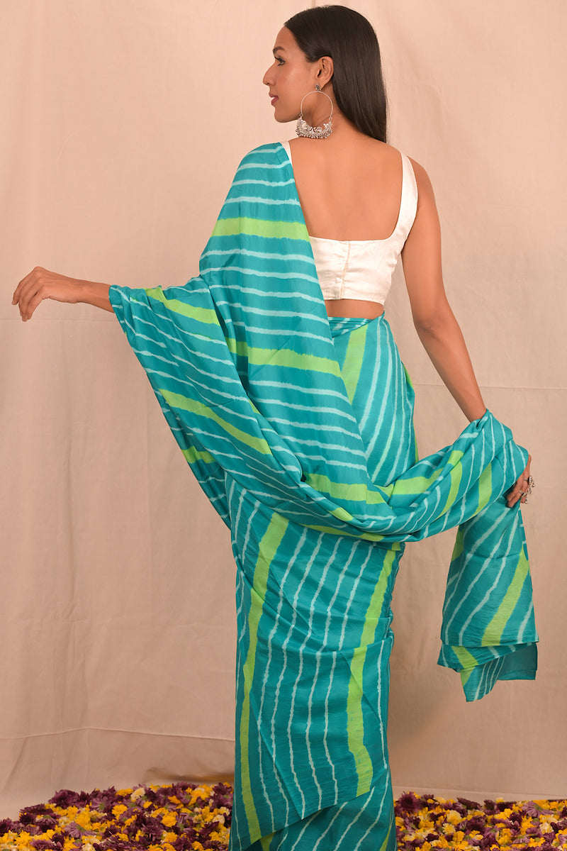 Leheriya - Blue Green White Mulberry Silk Saree