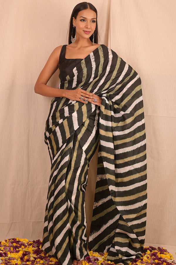 Leheriya - Black White Mulberry Silk Saree