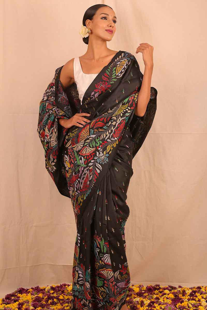 Handembroidered  Kantha Silk Saree  -Black Multicolour Floral Motif