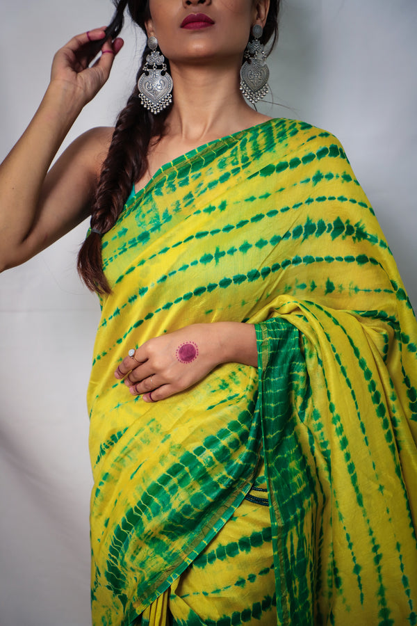 Cotton Chanderi Yellow-Green Shibori Print Saree