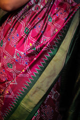 Violet Green Cambodian Design Handloom Double Ikat Patola Saree - Vaarasa