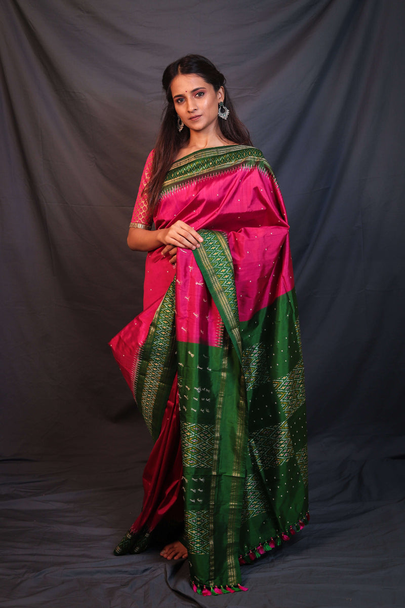 Pink Green Border Handloom Double Ikat Patola - Vaarasa