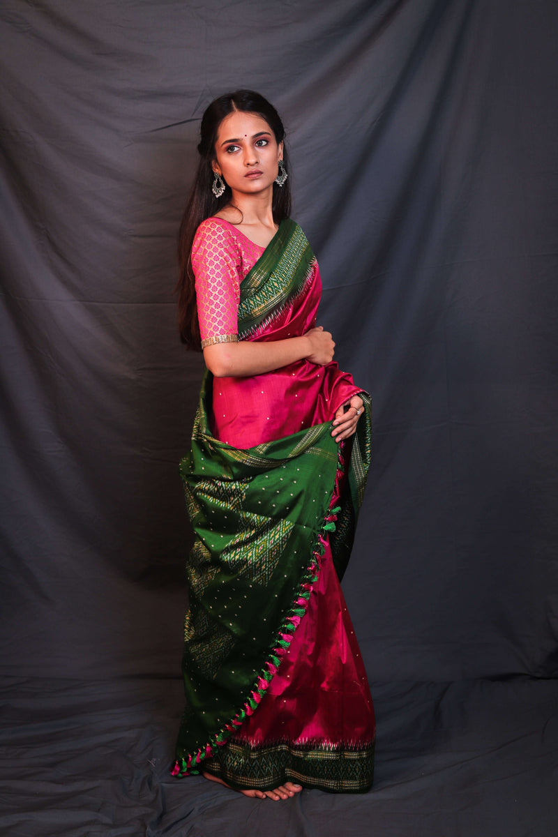Pink Green Border Handloom Double Ikat Patola - Vaarasa