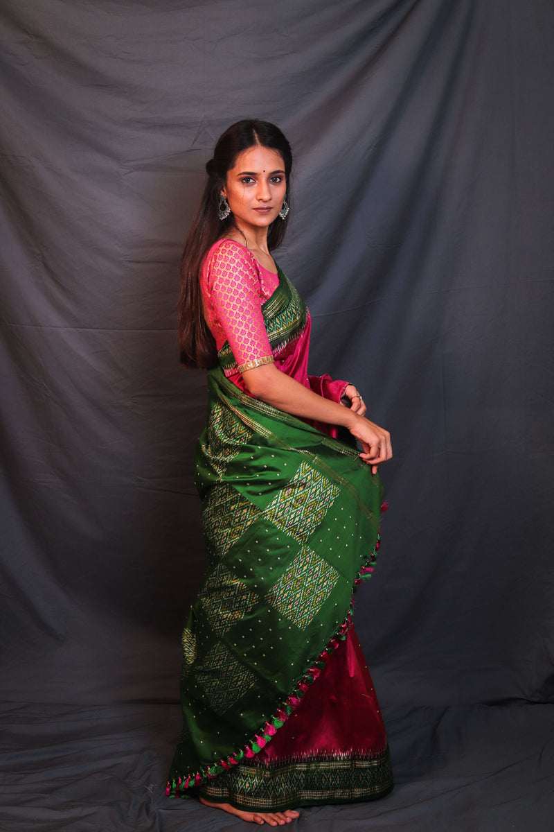 Pink Green Border Handloom Double Ikat Patola - Vaarasa