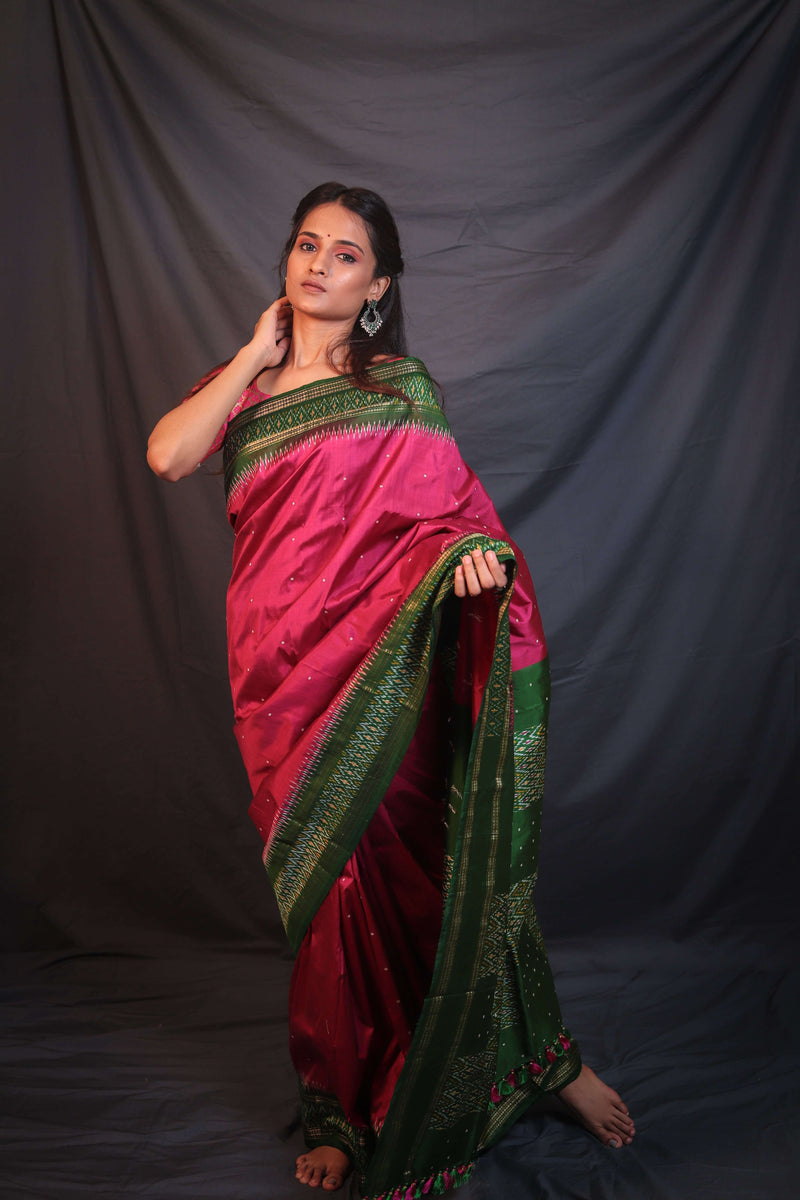 Pink Green Border Handloom Double Ikat Patola - Vaarasa