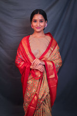 Antique Gold & Red Handloom Double Ikat Patola Saree - Vaarasa