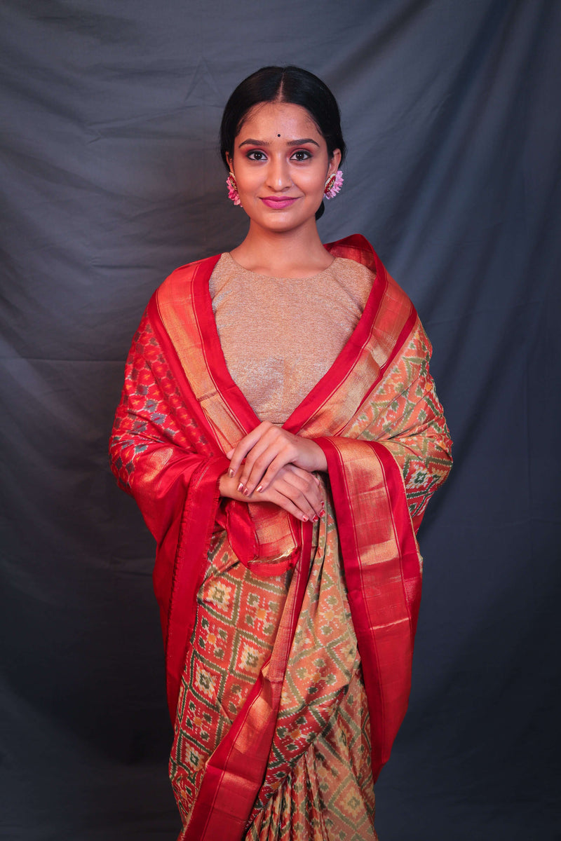 Antique Gold & Red Handloom Double Ikat Patola Saree - Vaarasa