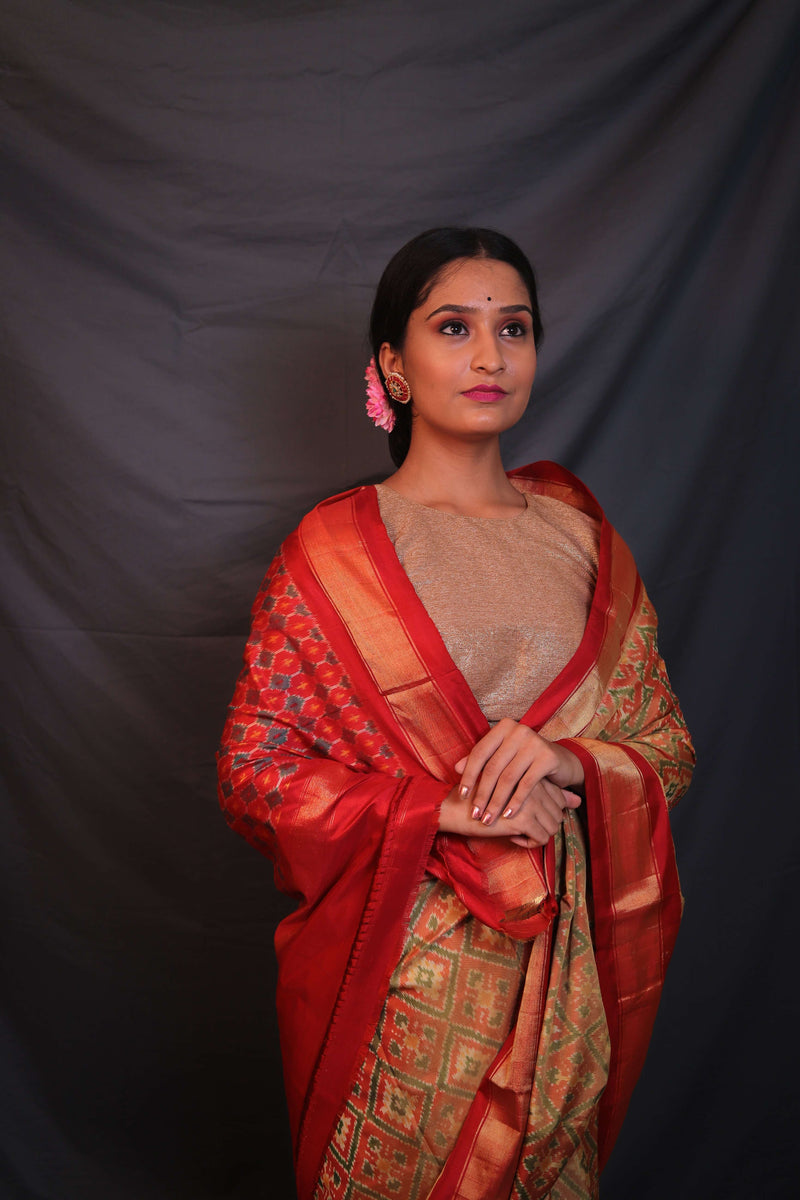 Antique Gold & Red Handloom Double Ikat Patola Saree - Vaarasa