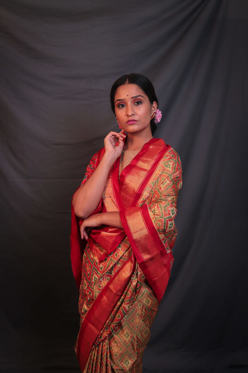 Antique Gold & Red Handloom Double Ikat Patola Saree - Vaarasa