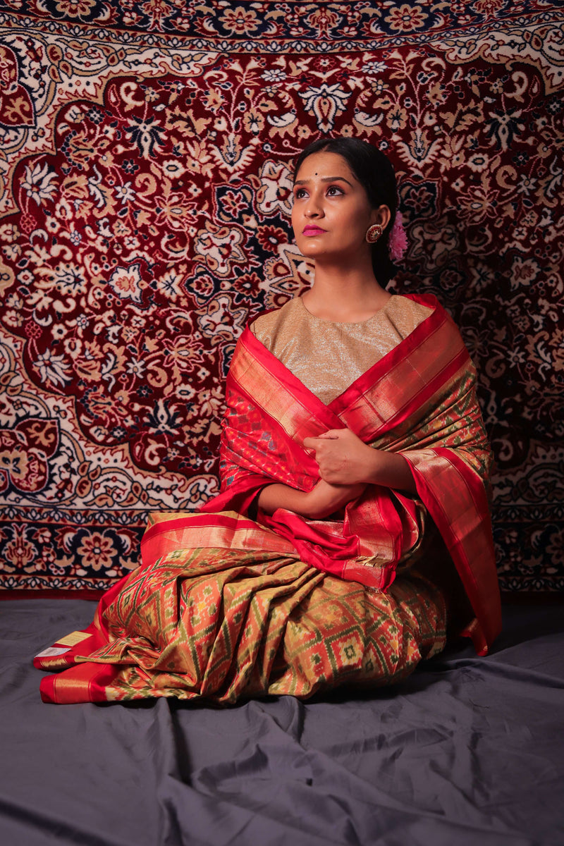 Antique Gold & Red Handloom Double Ikat Patola Saree - Vaarasa