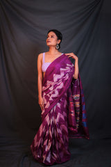 Violet White Stripes Handwoven Double Ikat Patola - Vaarasa