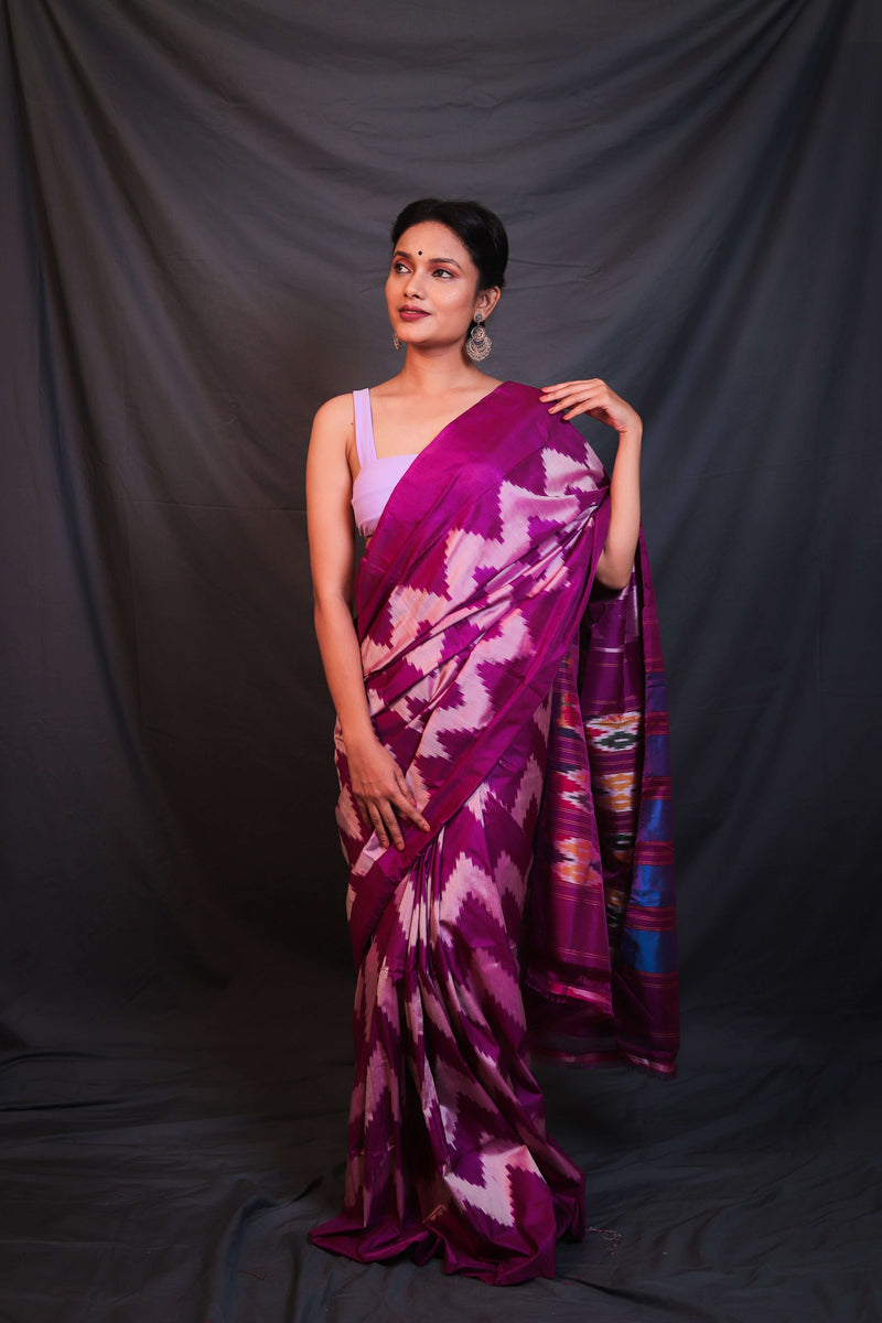 Violet White Stripes Handwoven Double Ikat Patola - Vaarasa