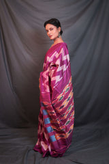 Violet White Stripes Handwoven Double Ikat Patola - Vaarasa