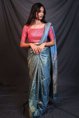 Lustrous Blue Soft Pure Silk Handwoven Mashroo Saree - Vaarasa