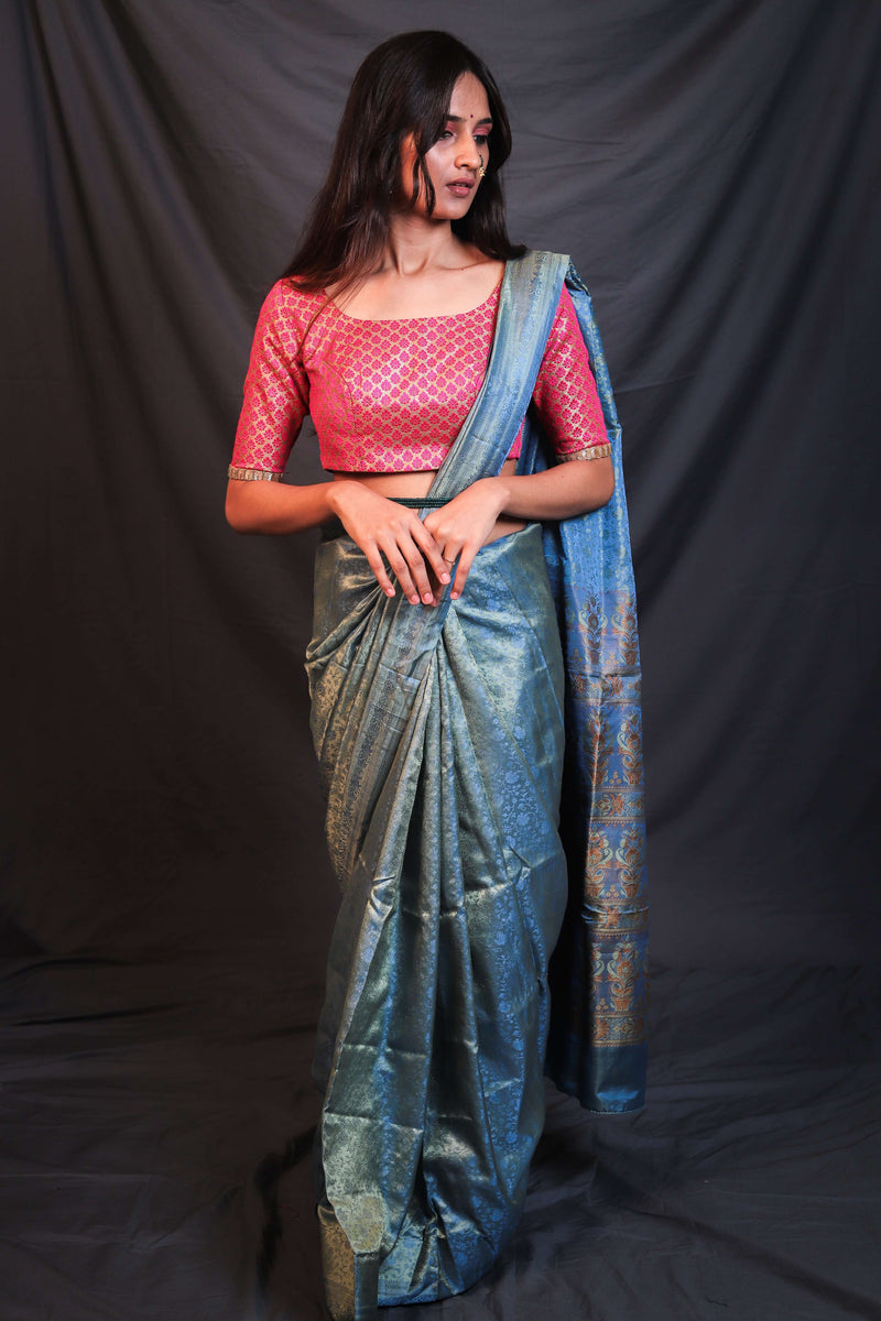 Lustrous Blue Soft Pure Silk Handwoven Mashroo Saree - Vaarasa