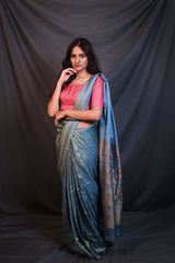Lustrous Blue Soft Pure Silk Handwoven Mashroo Saree - Vaarasa
