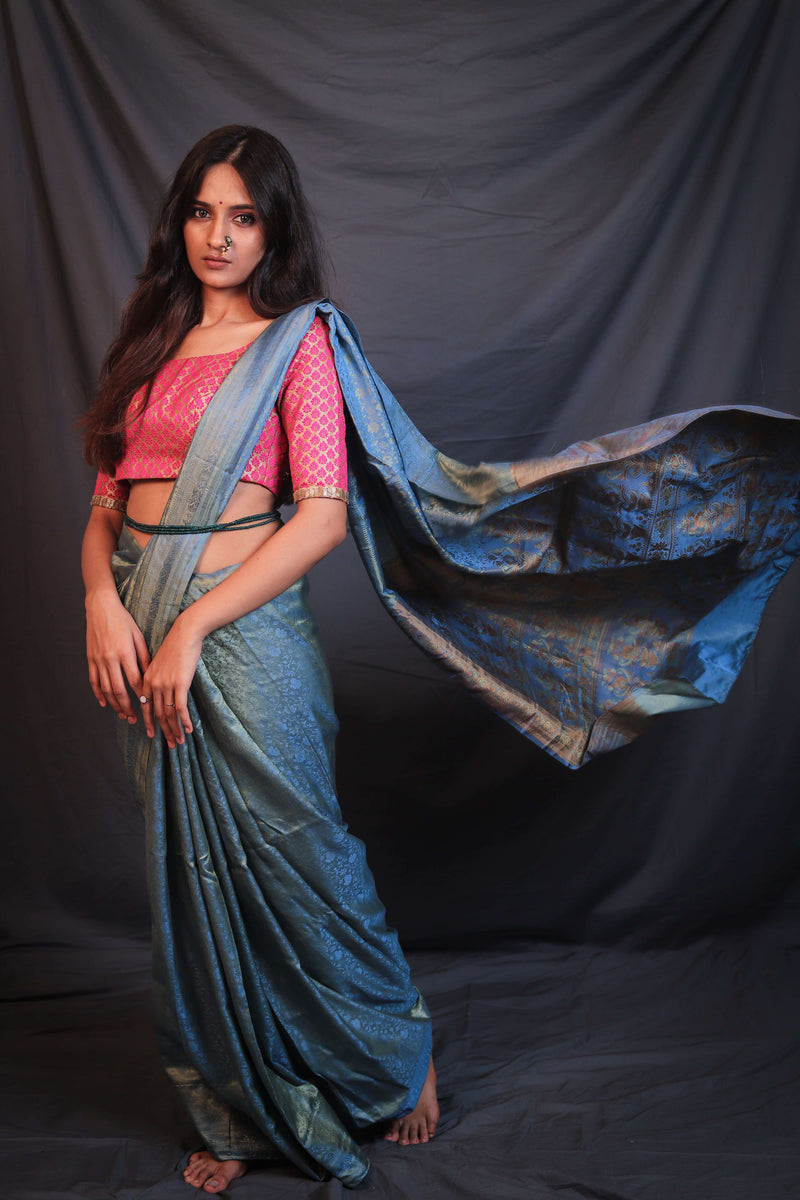 Lustrous Blue Soft Pure Silk Handwoven Mashroo Saree - Vaarasa