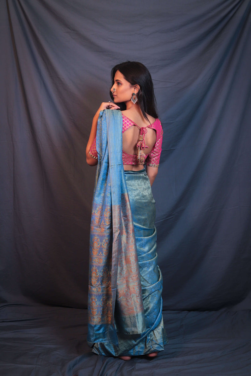 Lustrous Blue Soft Pure Silk Handwoven Mashroo Saree - Vaarasa