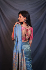 Lustrous Blue Soft Pure Silk Handwoven Mashroo Saree - Vaarasa