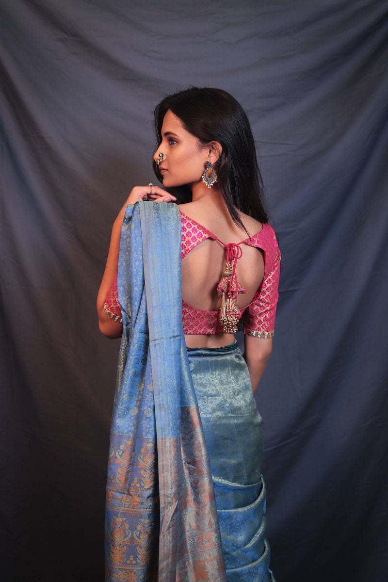Lustrous Blue Soft Pure Silk Handwoven Mashroo Saree - Vaarasa