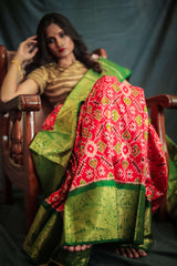 Vermilion Red & Green Kanchi Border Double Ikat Patola Saree - Vaarasa