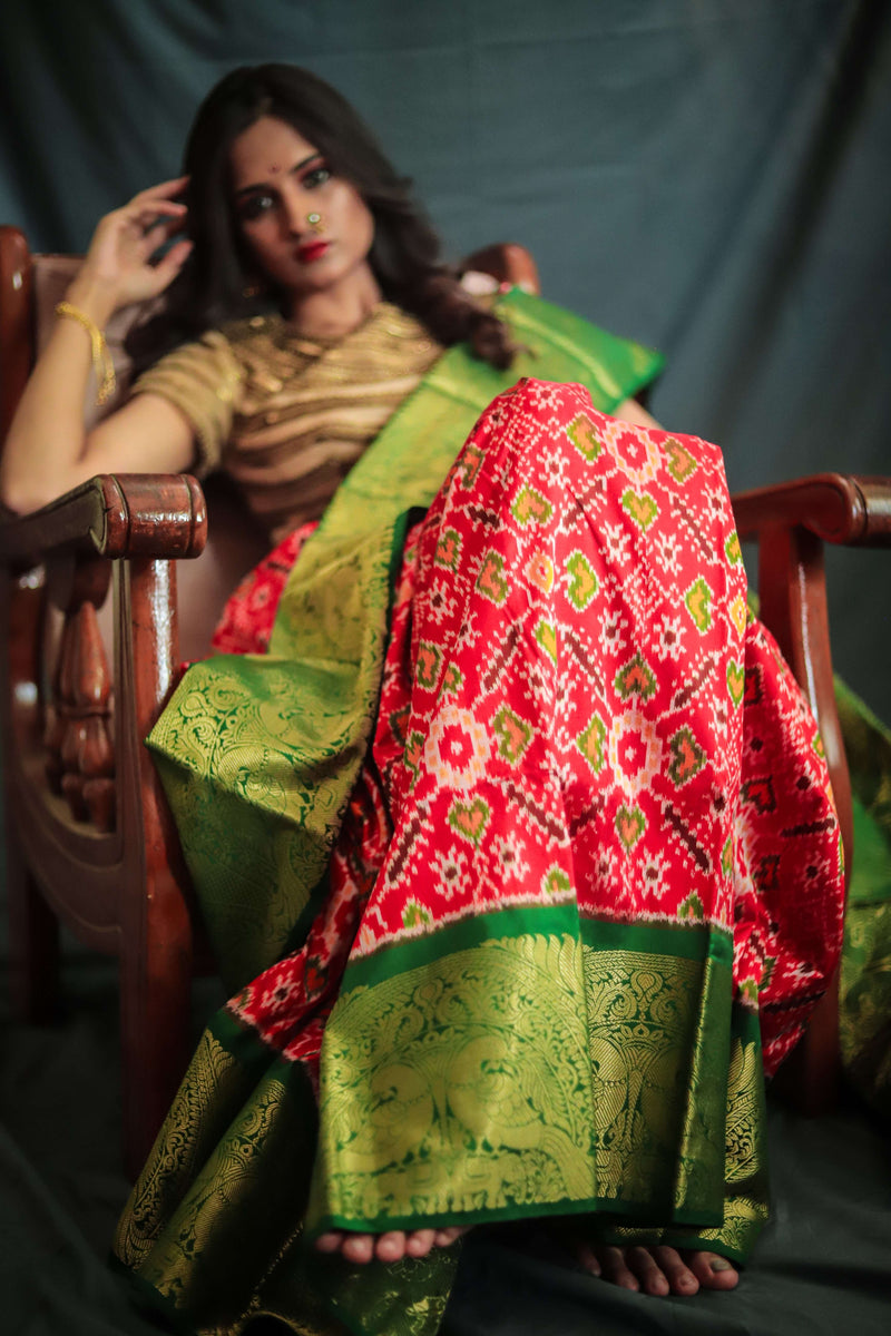 Vermilion Red & Green Kanchi Border Double Ikat Patola Saree - Vaarasa