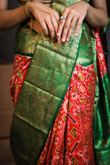 Vermilion Red & Green Kanchi Border Double Ikat Patola Saree - Vaarasa