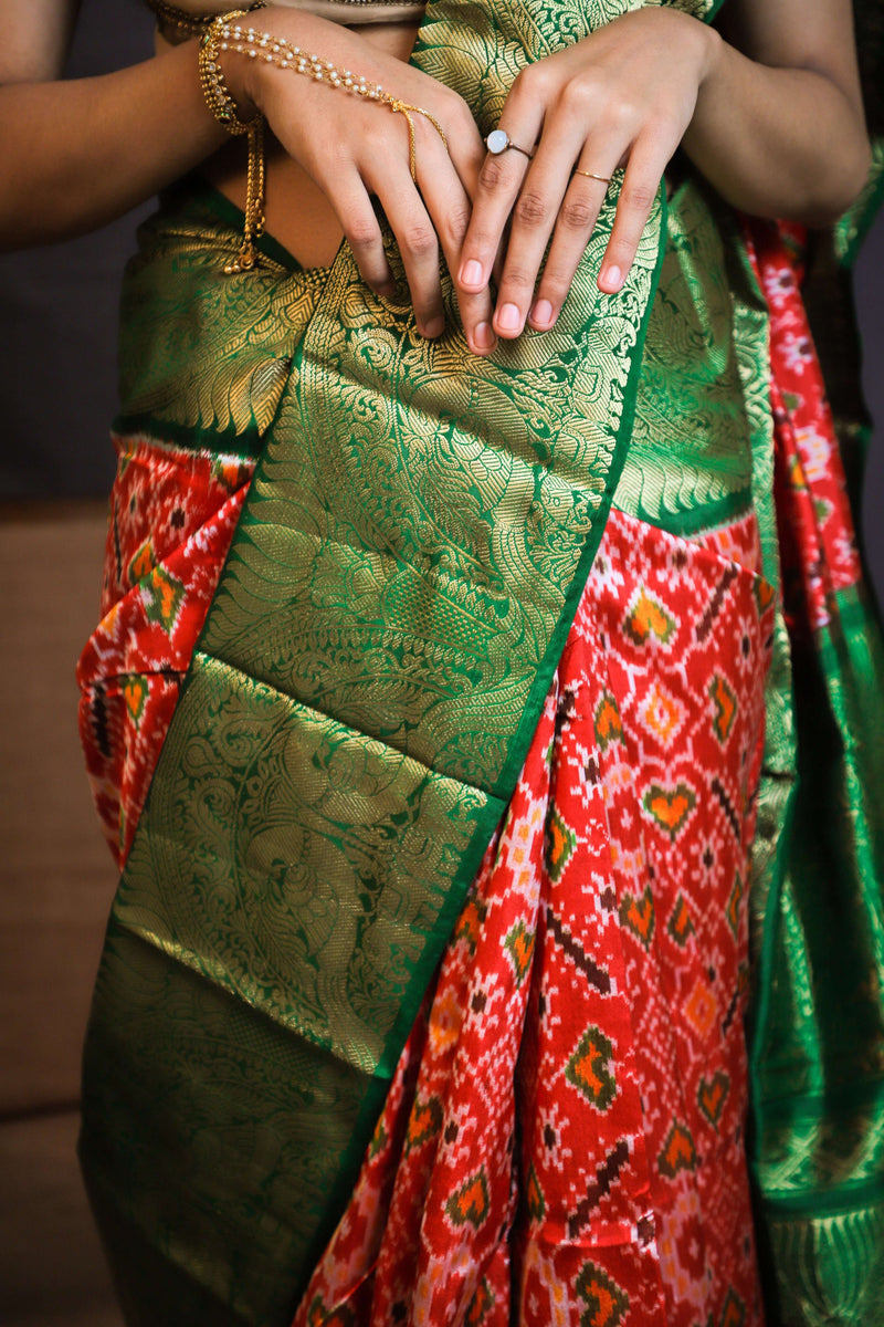 Vermilion Red & Green Kanchi Border Double Ikat Patola Saree - Vaarasa