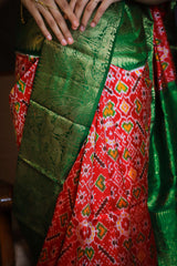 Vermilion Red & Green Kanchi Border Double Ikat Patola Saree - Vaarasa