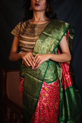 Vermilion Red & Green Kanchi Border Double Ikat Patola Saree - Vaarasa