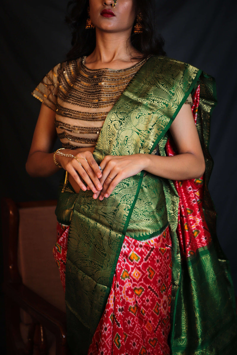 Vermilion Red & Green Kanchi Border Double Ikat Patola Saree - Vaarasa