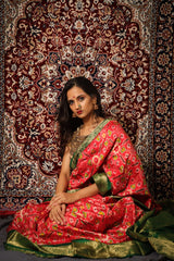 Vermilion Red & Green Kanchi Border Double Ikat Patola Saree - Vaarasa