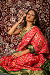 Vermilion Red & Green Kanchi Border Double Ikat Patola Saree - Vaarasa