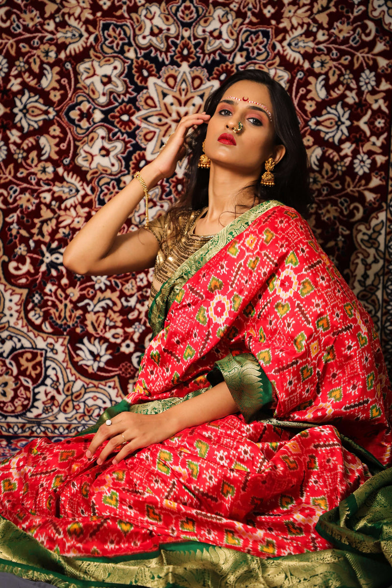 Vermilion Red & Green Kanchi Border Double Ikat Patola Saree - Vaarasa