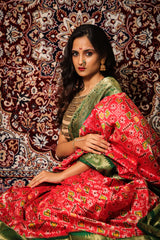 Vermilion Red & Green Kanchi Border Double Ikat Patola Saree - Vaarasa