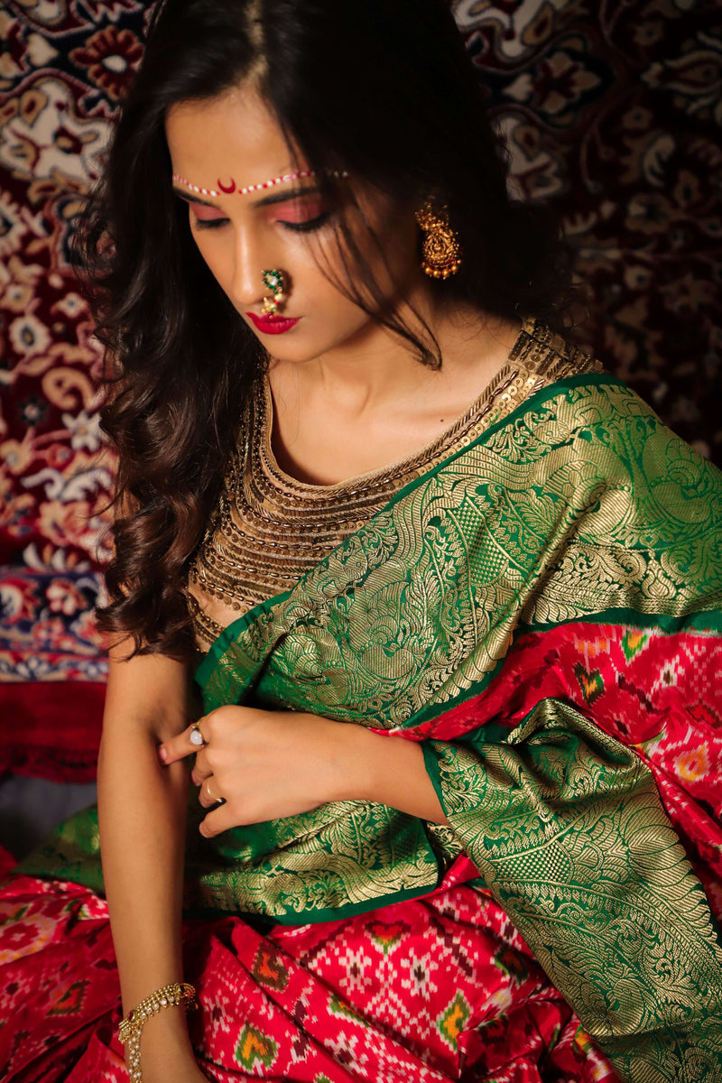 Vermilion Red & Green Kanchi Border Double Ikat Patola Saree - Vaarasa