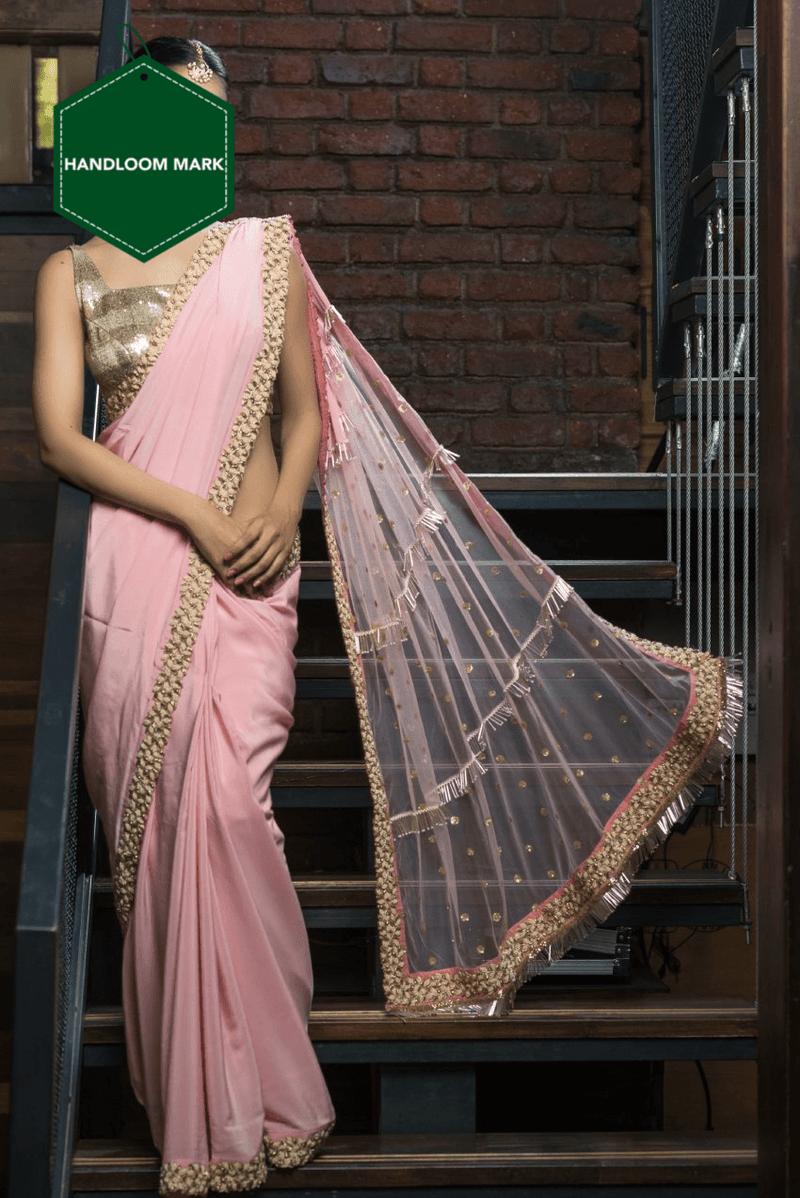 Aashna Pastel Pink Hand Embroidered in Pure Crepe Saree - Vaarasa